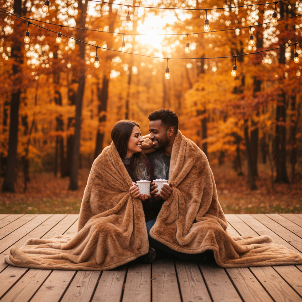 Couple under faux fur blanket outdoor deck string lights autumn forest dusk
