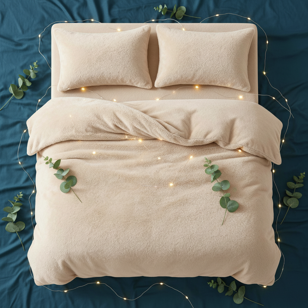 Flat lay teal background with duvet set styling