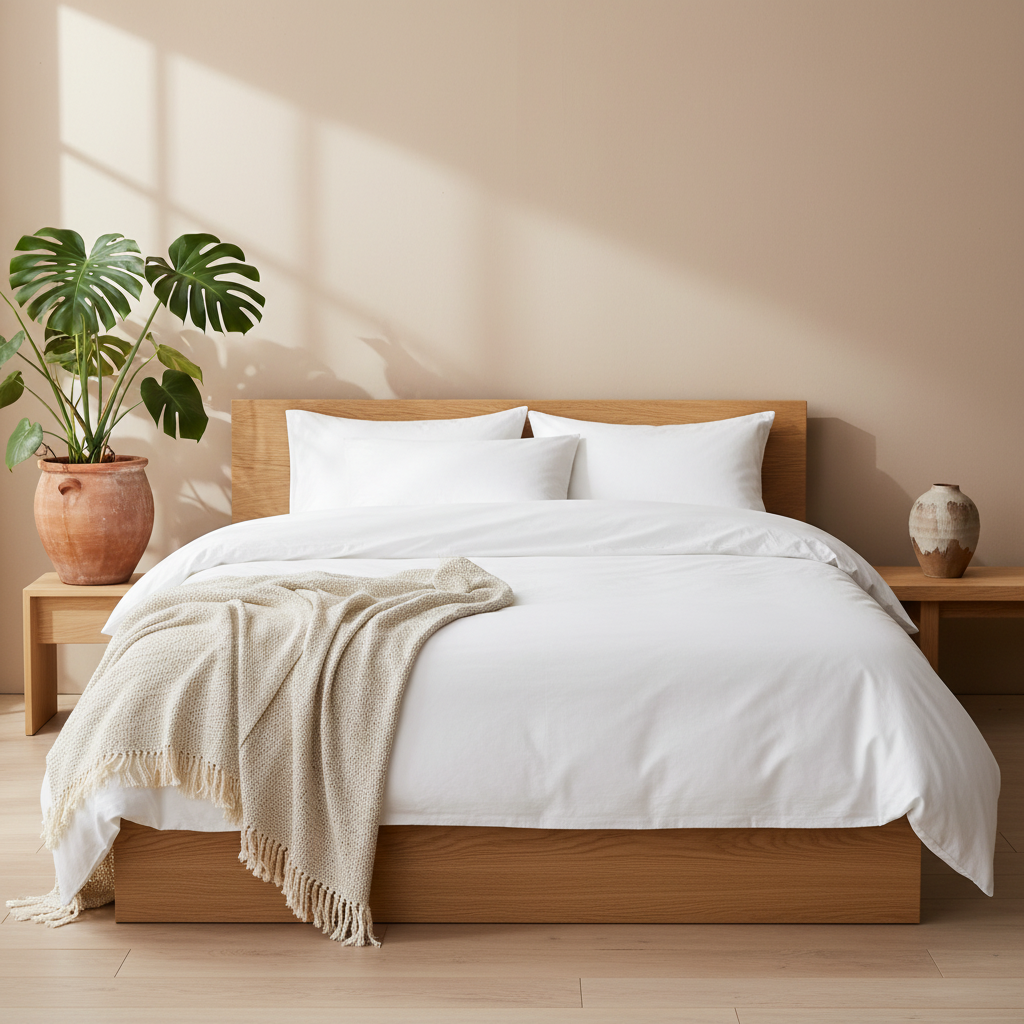 Japandi bedroom white duvet set lifestyle
