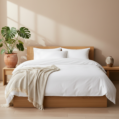 Japandi bedroom white duvet set lifestyle