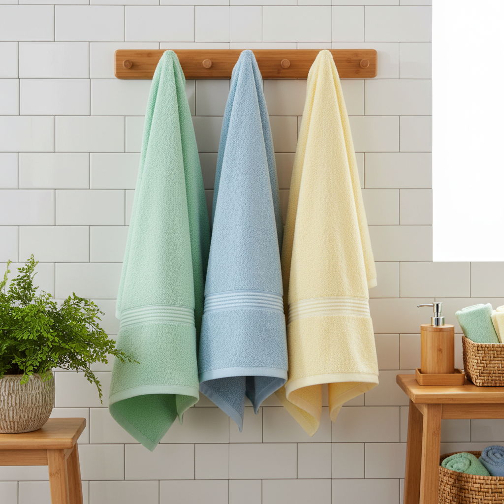 Three pastel towels hanging on wooden rack bright modern bathroom