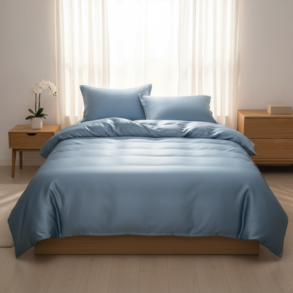Minimalist serene bedroom with steel blue satin duvet