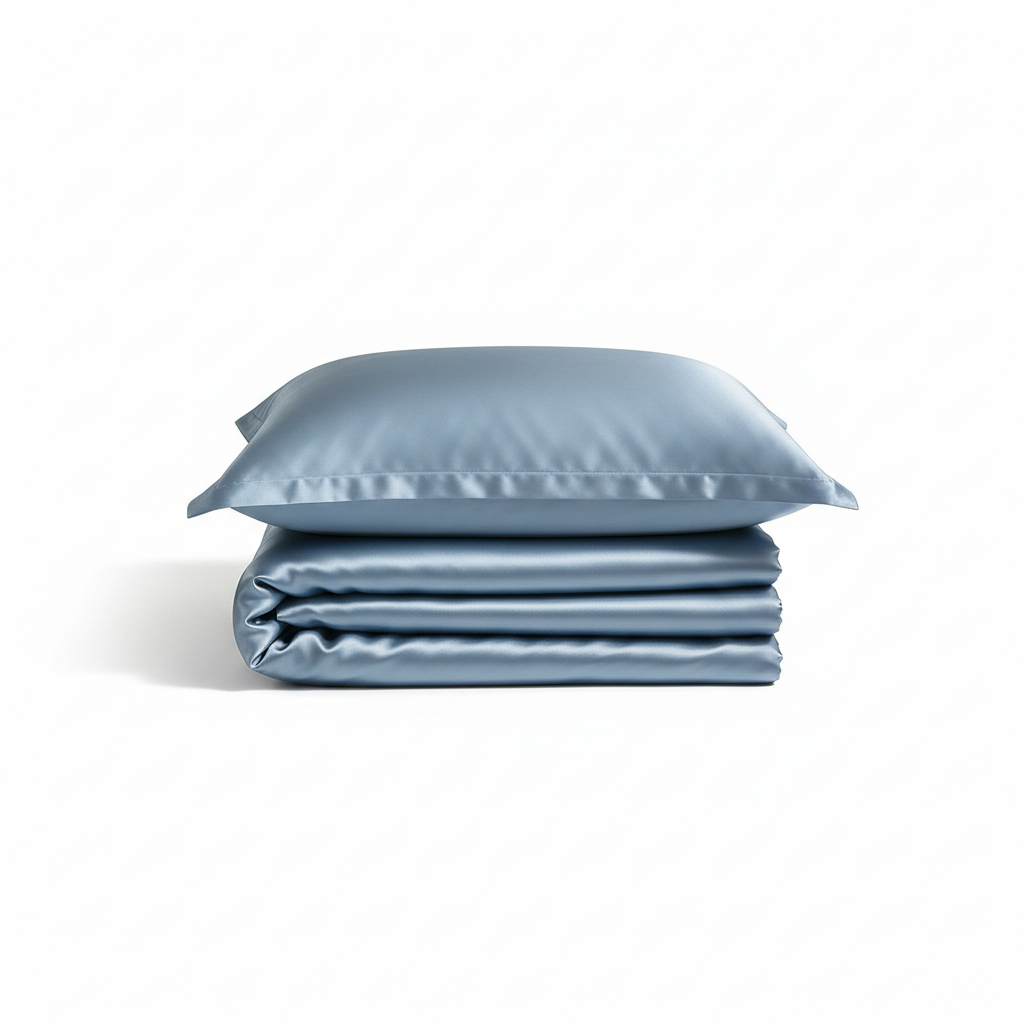 Steel blue satin duvet set folded on white background
