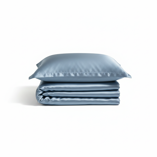 Steel blue satin duvet set folded on white background