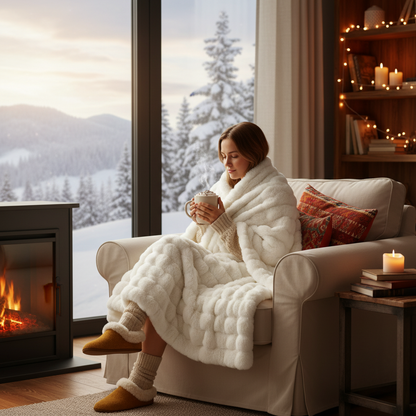 Person wrapped in bubble blanket by winter window with hot chocolate