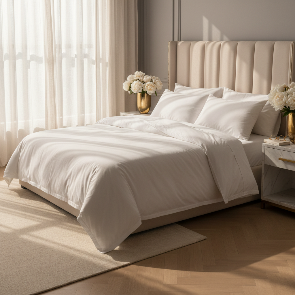 Luxury master bedroom with white sateen duvet