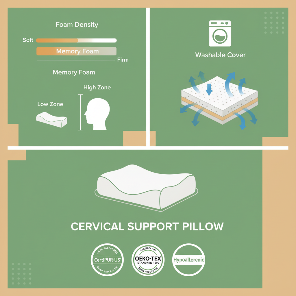 Memory foam pillow product infographic features and certifications