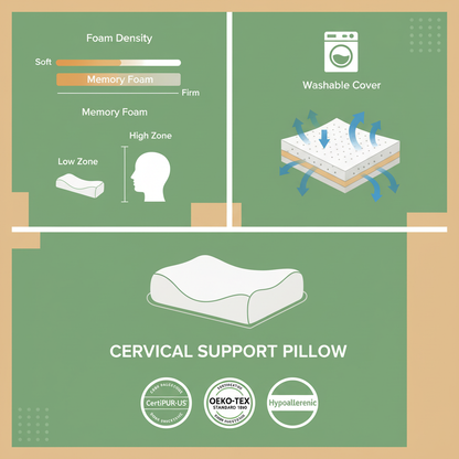 Memory foam pillow product infographic features and certifications