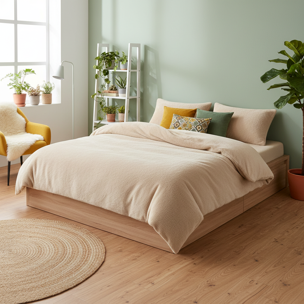 Sage green Scandinavian bedroom with duvet set