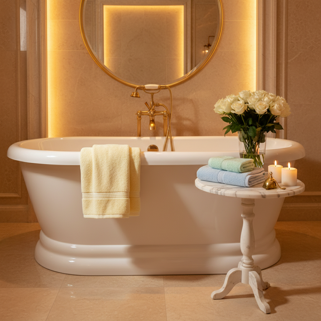 Luxury bathtub scene yellow towel draped blue green folded marble roses