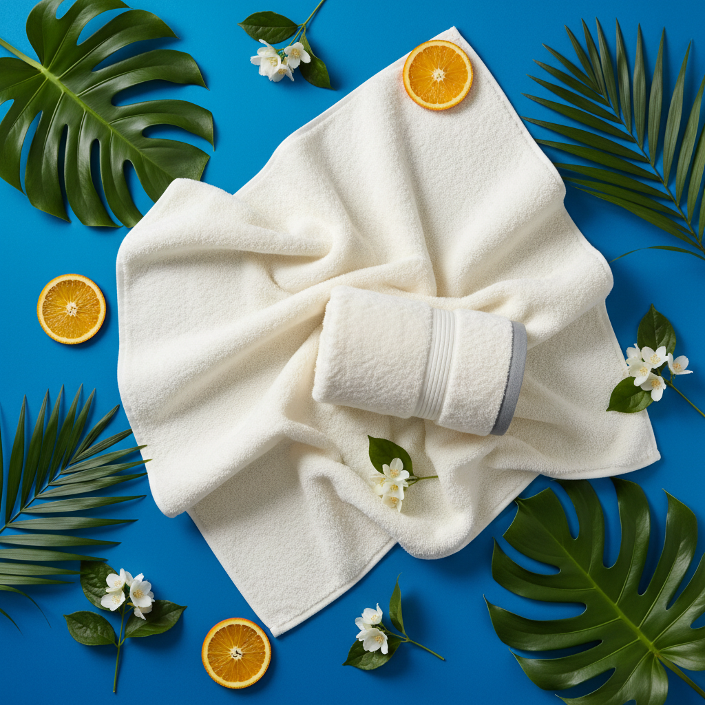 Flat lay ivory towels on cobalt blue with tropical leaves and oranges