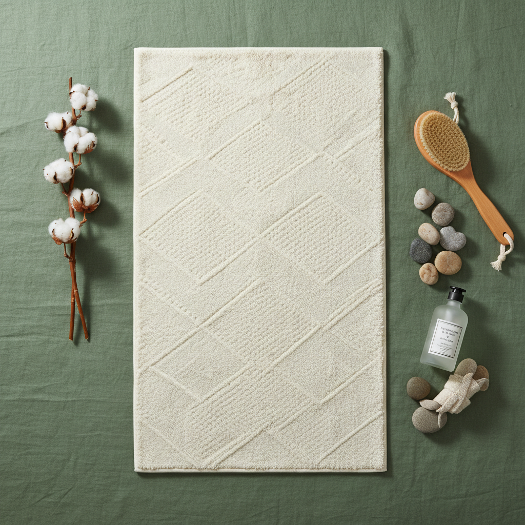 Cream bath mat flat lay sage green background spa wellness