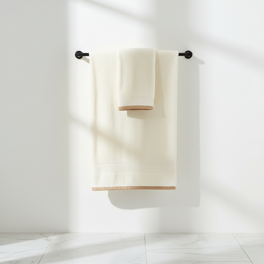 Cream bath towel hanging on black towel bar modern bathroom