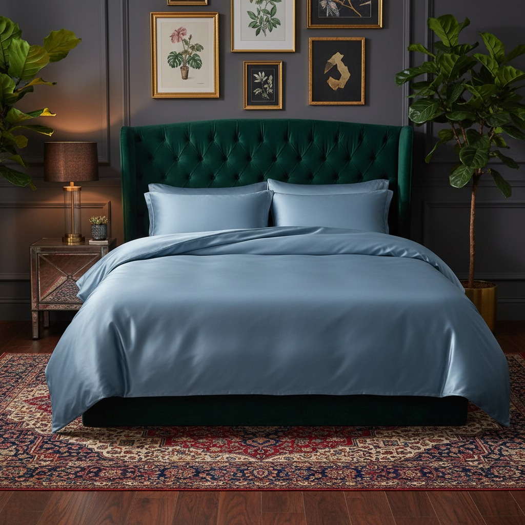 Jewel-toned maximalist bedroom with steel blue satin duvet