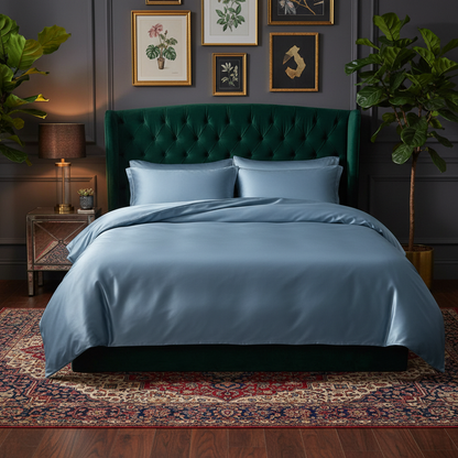 Jewel-toned maximalist bedroom with steel blue satin duvet
