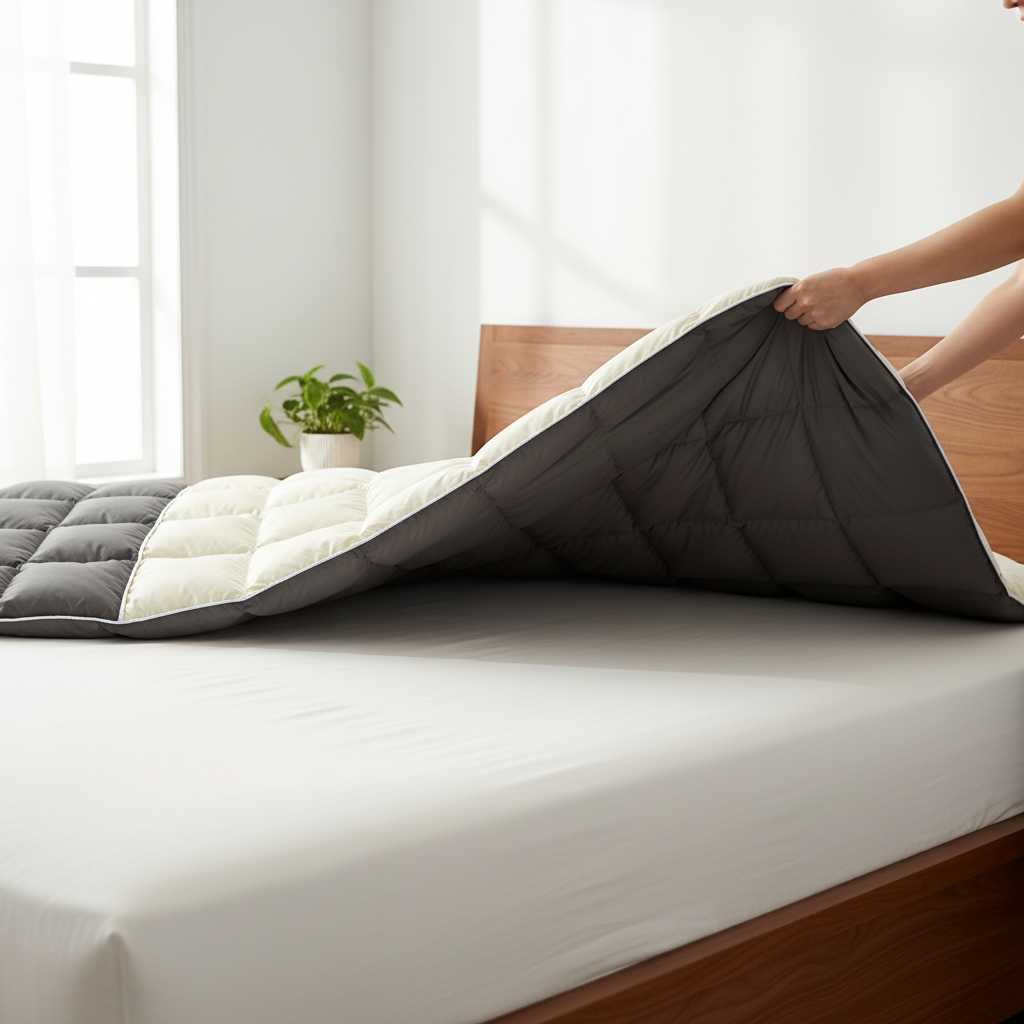 Person flipping duvet cover from cream to charcoal side