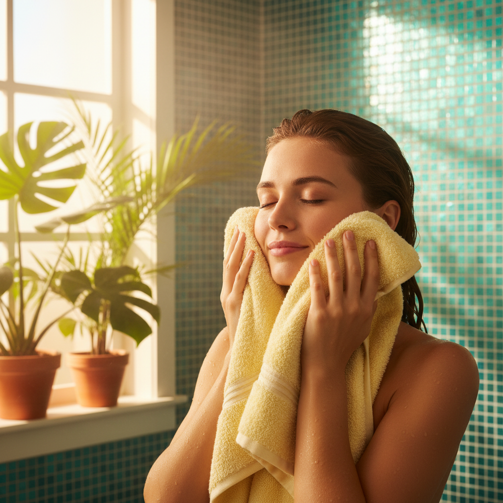 Person wrapping face in cream towel turquoise bathroom self-care