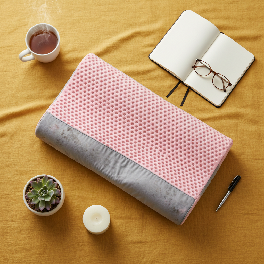 Flat lay pillow mustard yellow tea journal candle overhead shot