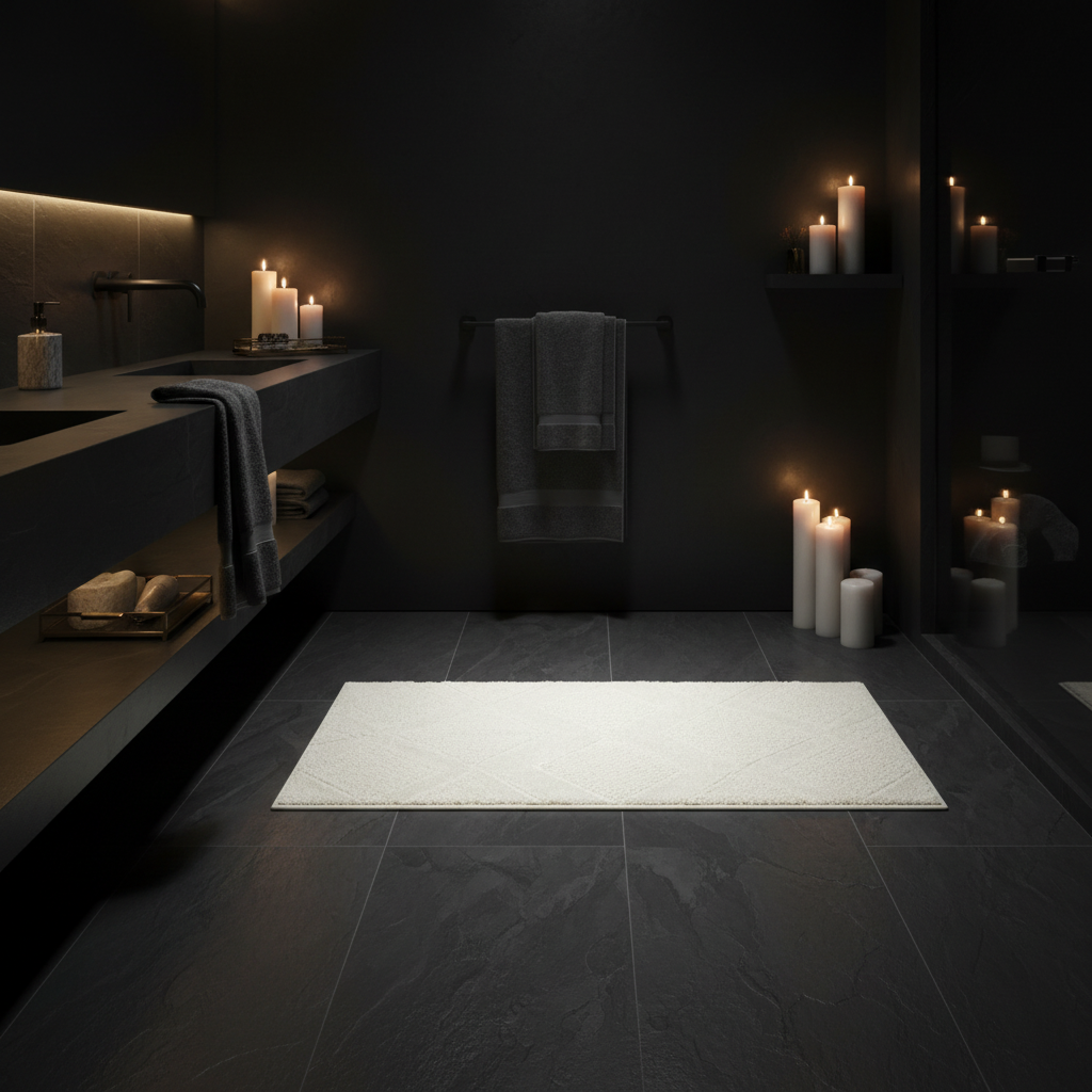 Cream bath mat dark slate luxury hotel bathroom gold accents