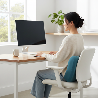 Person using teal lumbar pillow at home office desk