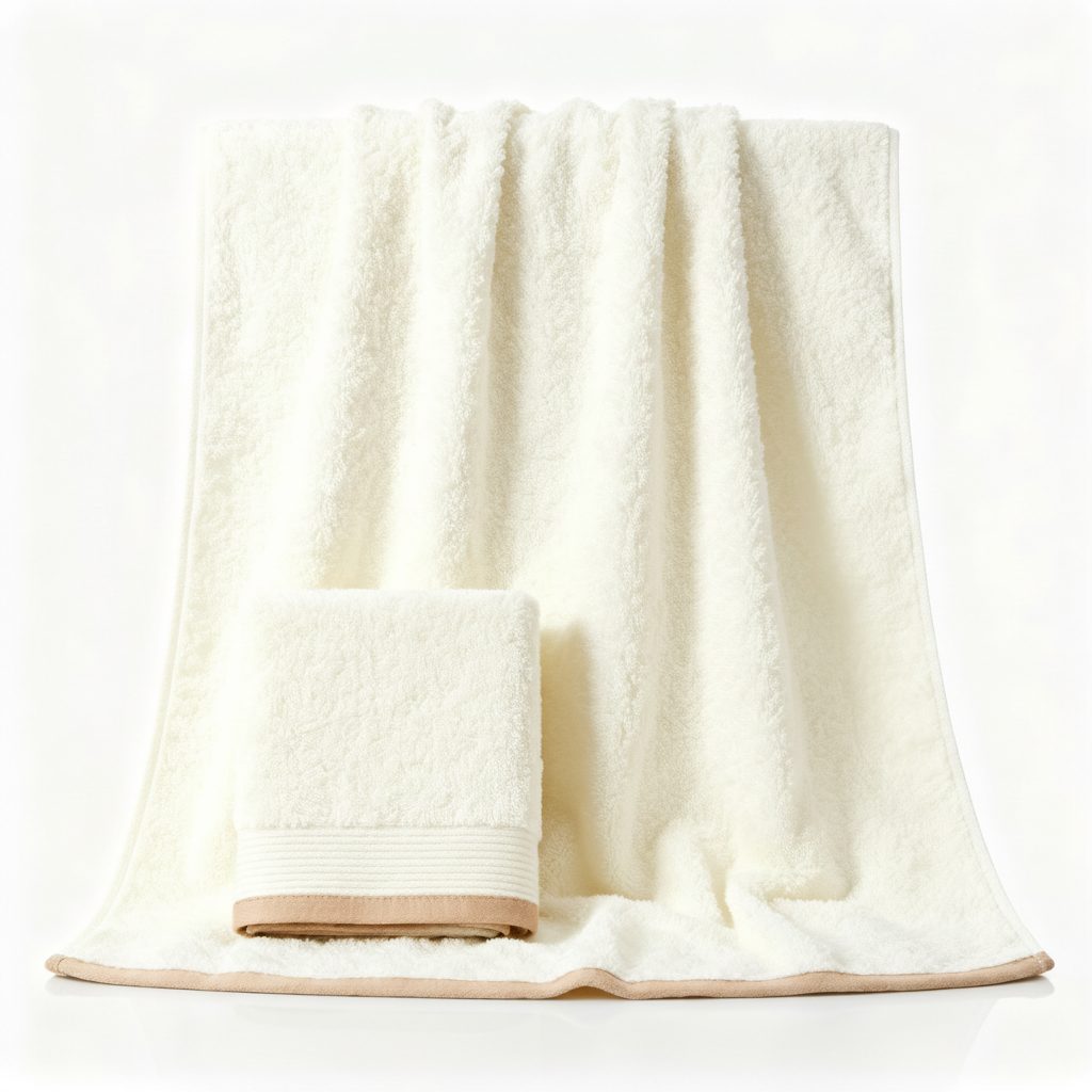 Cream towel set bath towel and face towel white background