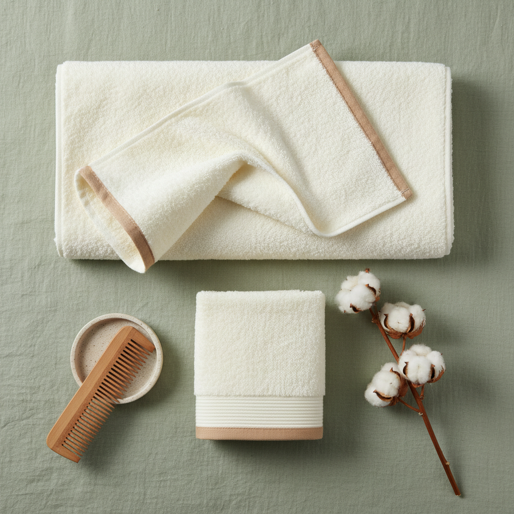 Cream towel flat lay sage green background lifestyle styling