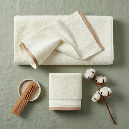 Cream towel flat lay sage green background lifestyle styling
