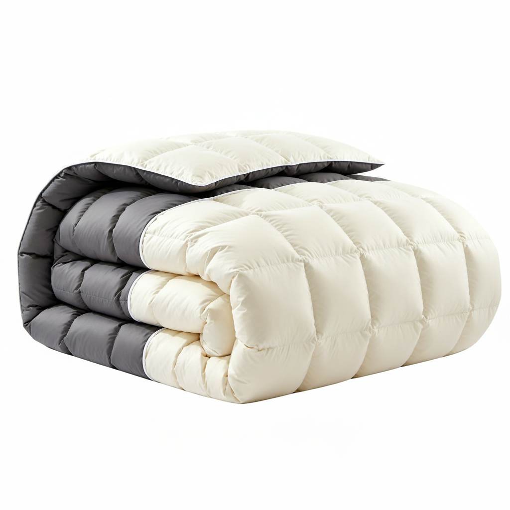 Reversible duvet cover half folded showing both cream and charcoal sides