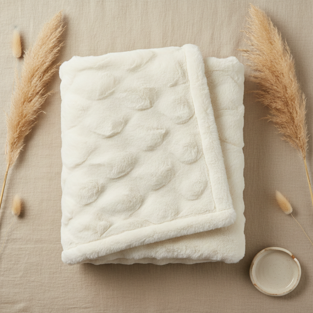 Cream faux fur blanket flat lay pampas grass oat linen background