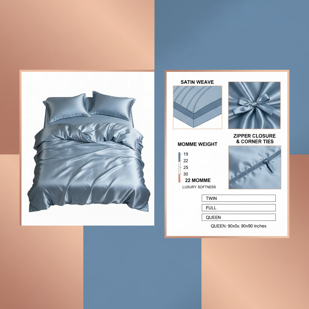 Product infographic satin duvet size and care guide