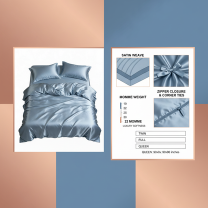 Product infographic satin duvet size and care guide