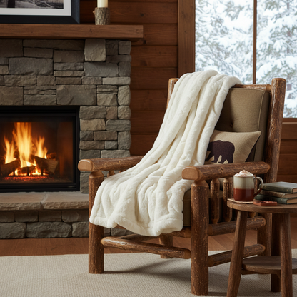 Cream faux fur blanket on armchair by fireplace winter evening