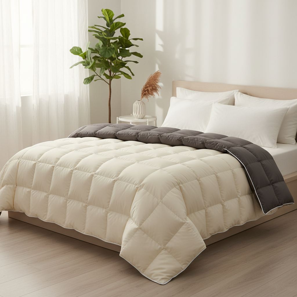 Cream ivory duvet cover on styled bed Scandinavian bedroom