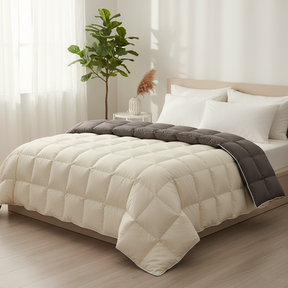 Cream ivory duvet cover on styled bed Scandinavian bedroom