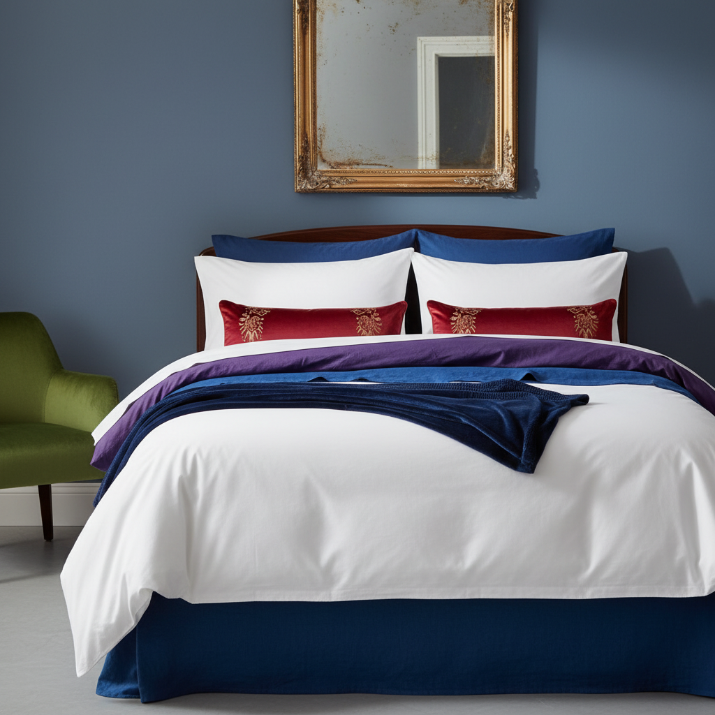 Jewel-toned editorial bedroom with white duvet