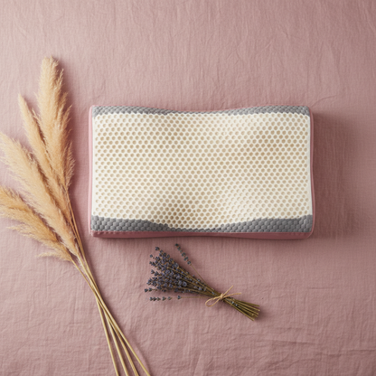 Pink cervical pillow flat lay dusty rose background pampas grass