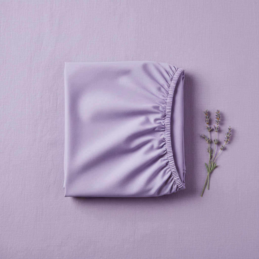 Lavender fitted sheet folded flat lay lilac background