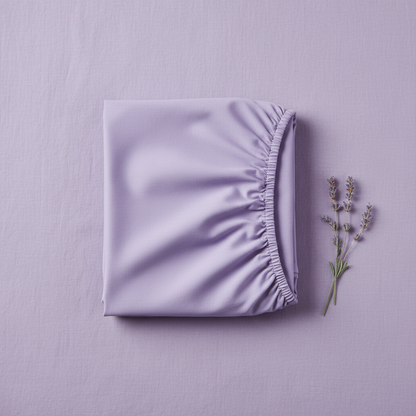 Lavender fitted sheet folded flat lay lilac background