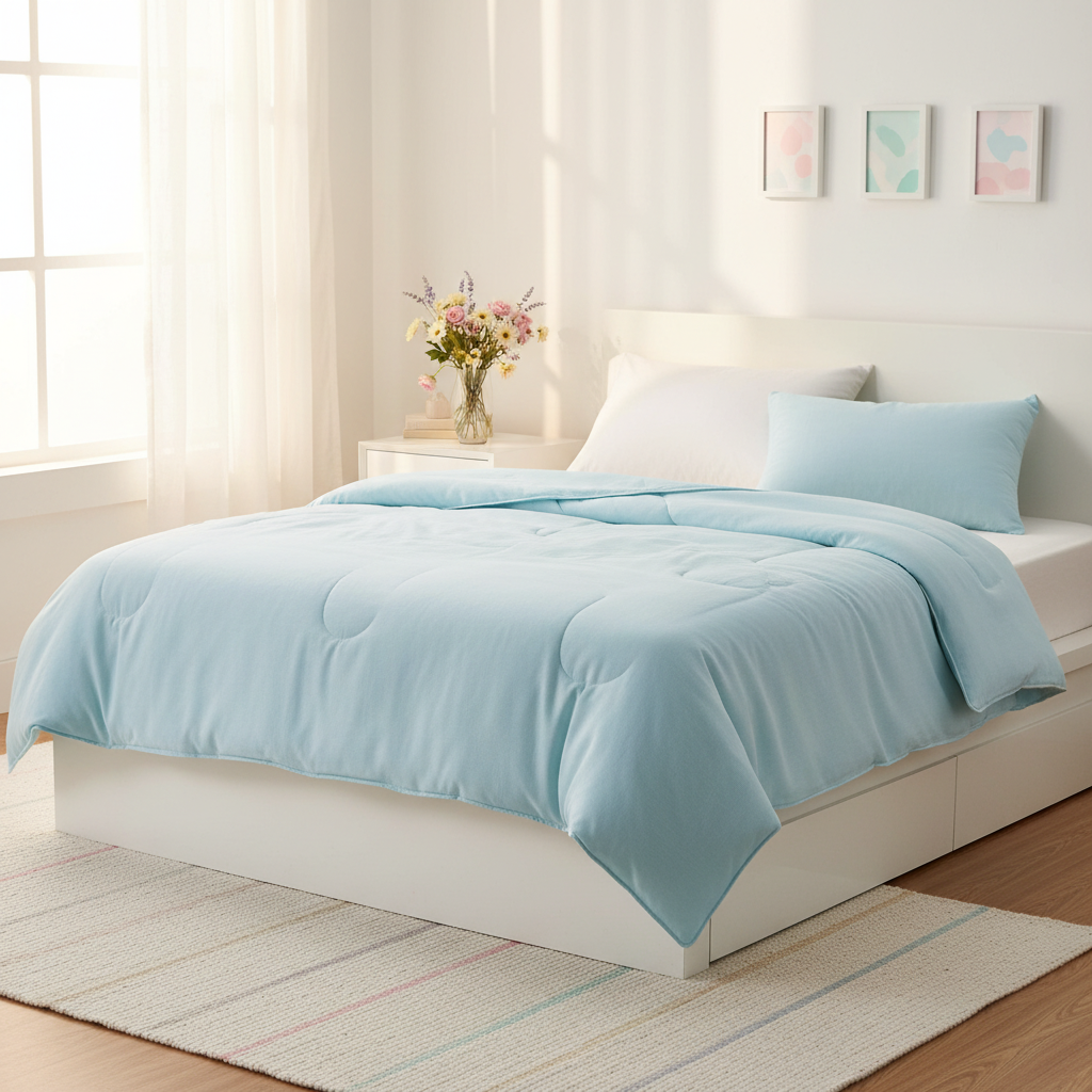 Pastel morning bedroom scene with light blue comforter