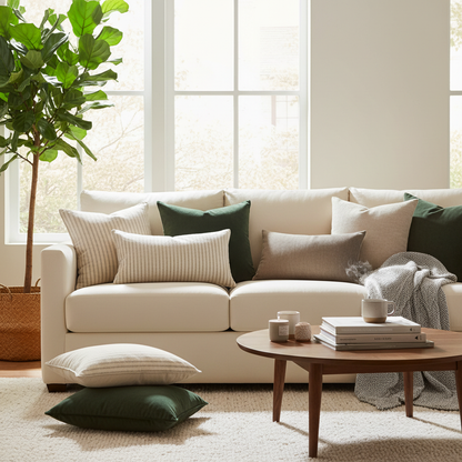 White pillow inserts on cream sofa living room lifestyle