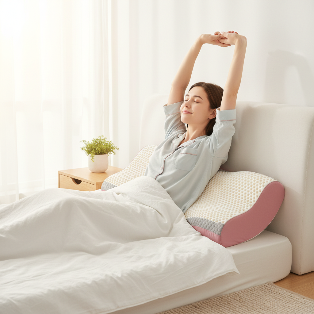 Woman stretching refreshed morning pink pillow behind