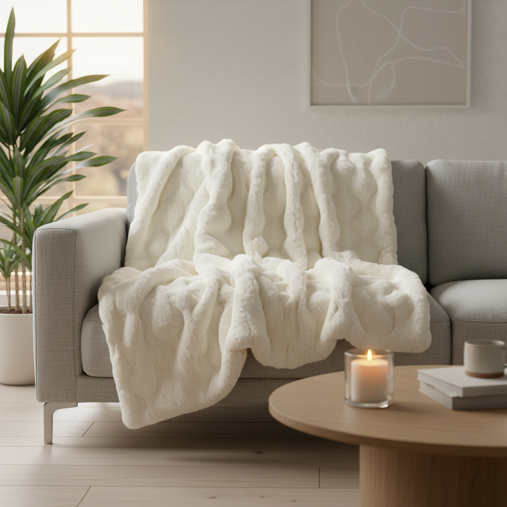 Cream faux fur blanket draped over grey sofa Scandinavian living room