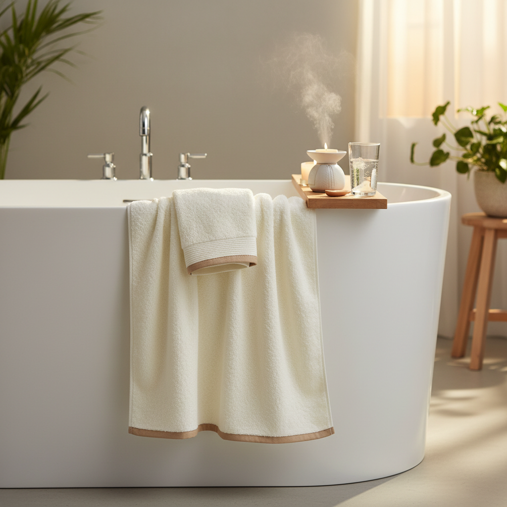 Cream towel set on freestanding bathtub edge spa setting