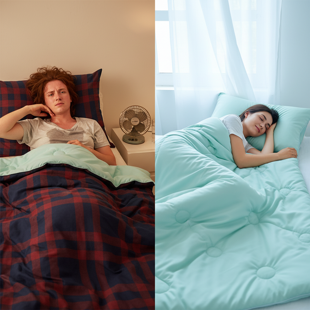 Heavy duvet vs mint cooling comforter split comparison summer sleep scene