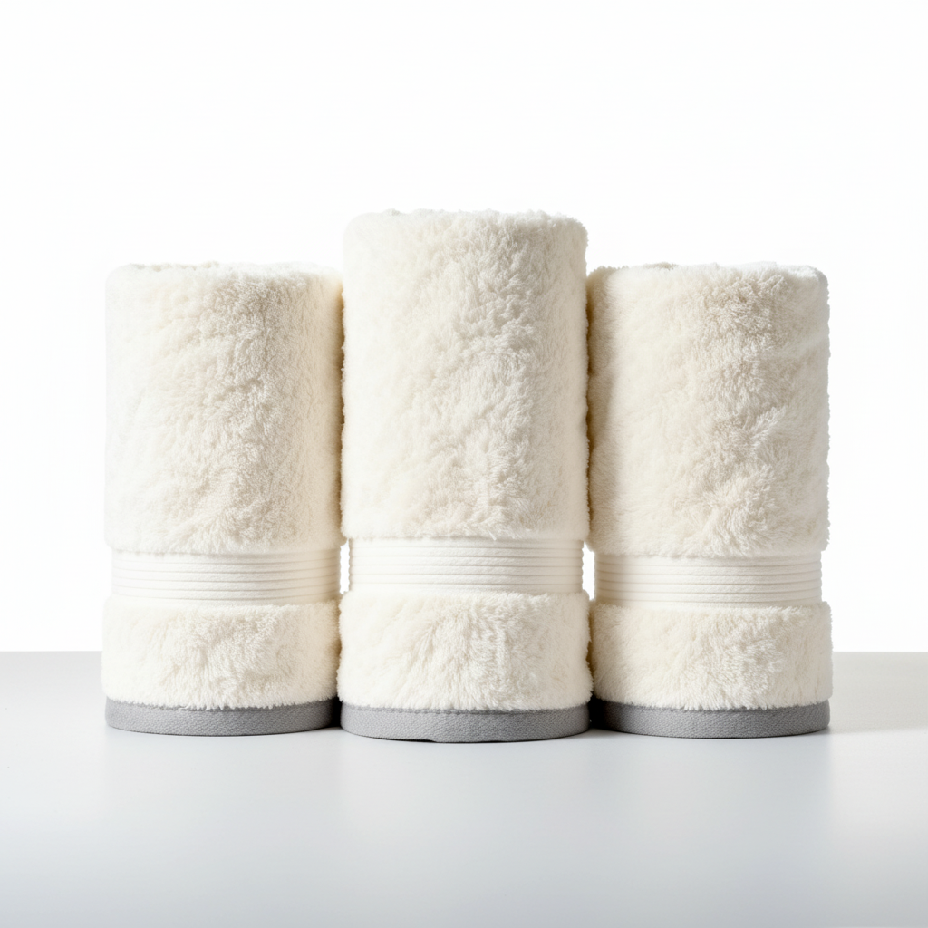 Three rolled ivory white towels clean white studio background