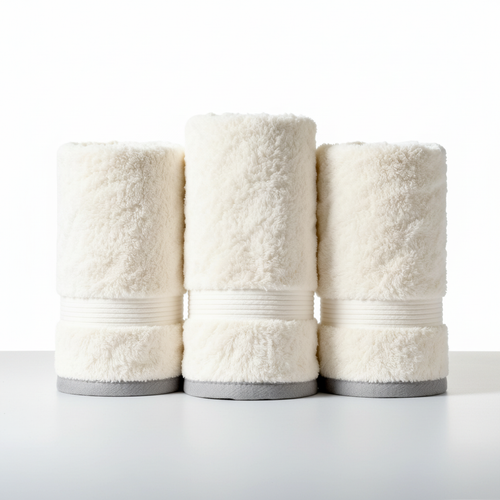 Three rolled ivory white towels clean white studio background