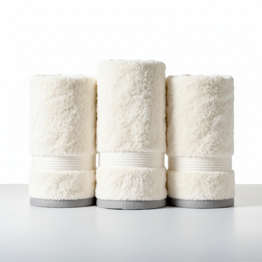Three rolled ivory white towels clean white studio background