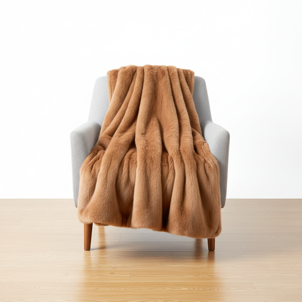 Caramel faux mink blanket white studio background product shot