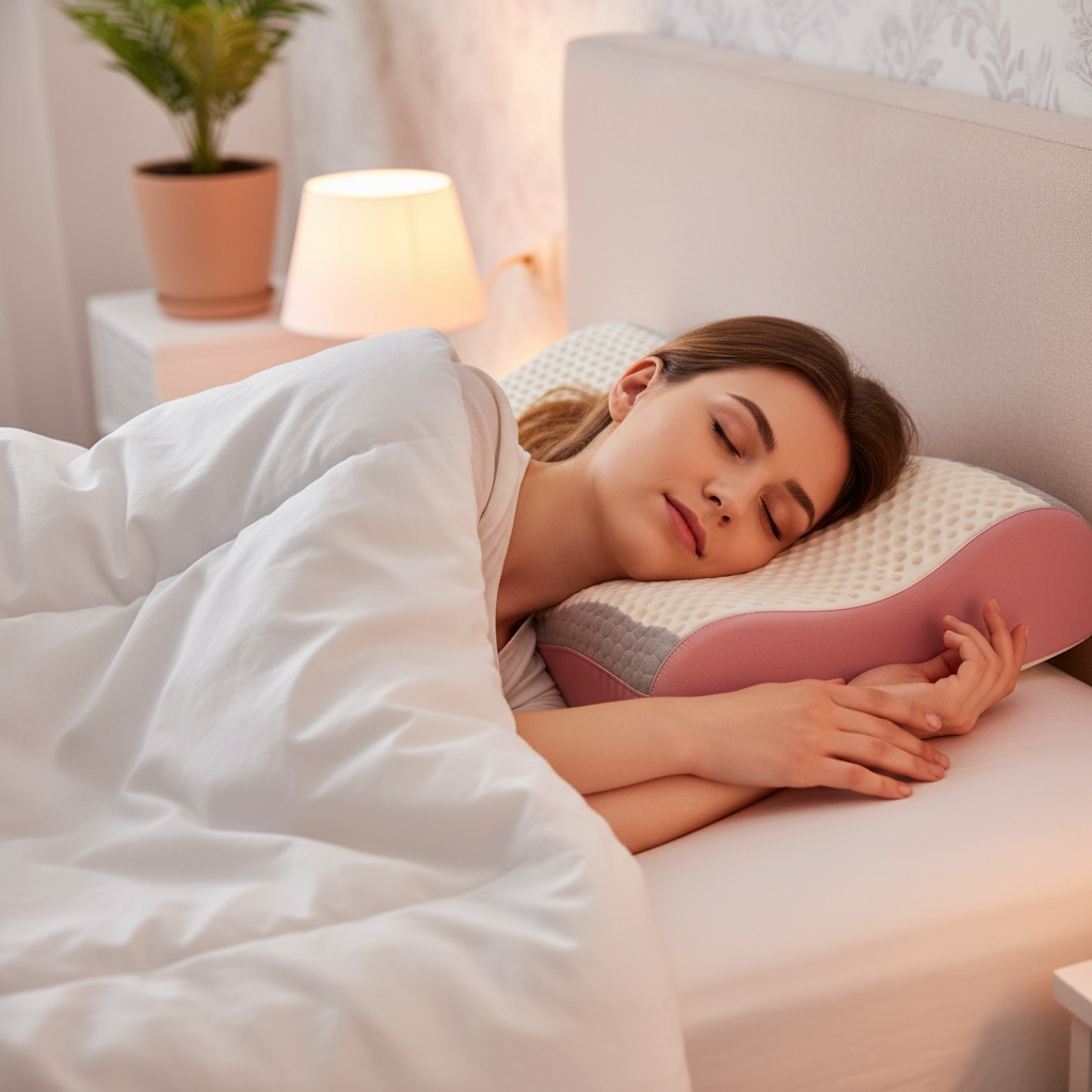 Woman sleeping on side on pink cervical pillow cozy bedroom