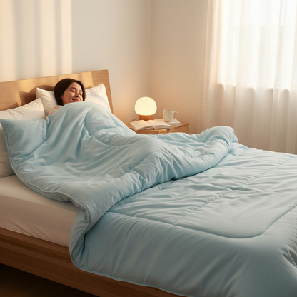 Person snuggling into sky blue comforter